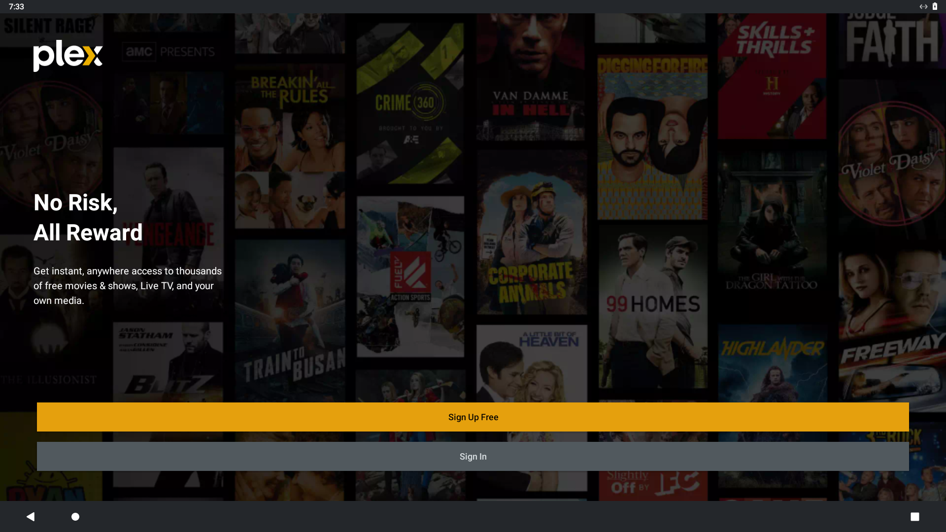 Plex Android welcome screen running on Steam Frame, with Sign Up and Sign In buttons