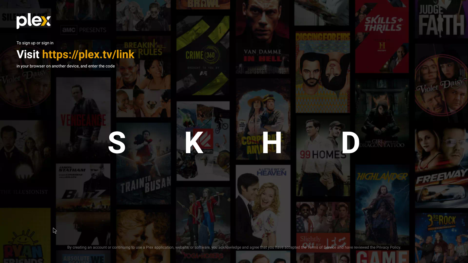 Plex TV sign-in screen showing plex.tv/link and a four-character linking code