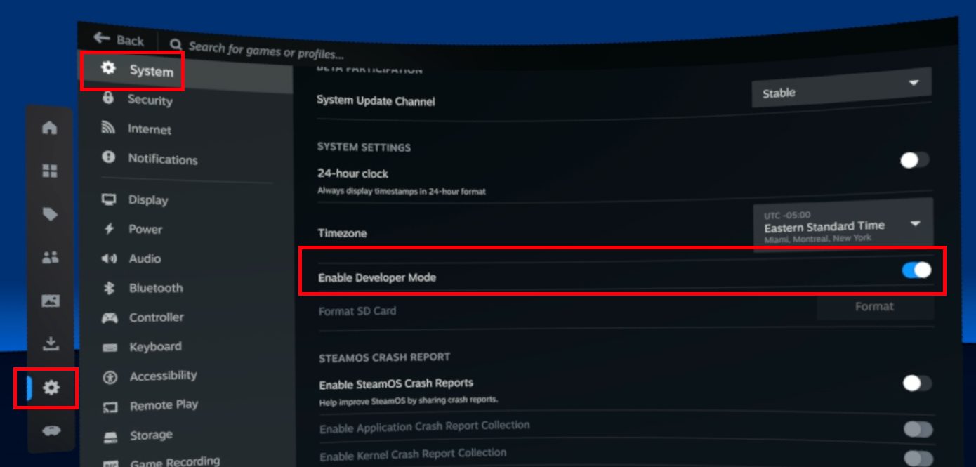 Steam Frame System settings with Enable Developer Mode highlighted